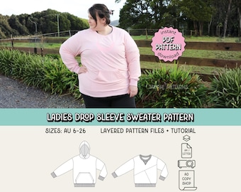 Ladies Drop Sleeve Sweater PDF Sewing Pattern ~ Women's Hoodie Jumper ~ Sizes US2-20