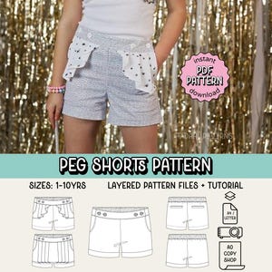 Patrón de costura en PDF para pantalones cortos Peg Shorts ~ Falda con botones delanteros para niñas ~ Tallas 1-10 años