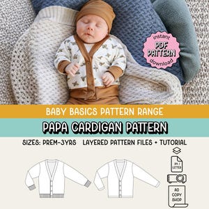 May include: A baby wearing a brown beanie and a white cardigan with a bee pattern, lying on a blanket. The image includes text that reads "BABY BASICS PATTERN RANGE" and "PAPA CARDIGAN PATTERN". The image also includes a "PDF PATTERN download" graphic.