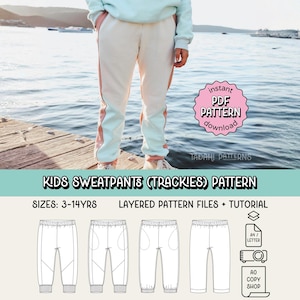 May include: Cream-colored sweatpants with pink and light blue accents. The image also features a pink PDF pattern download badge and a diagram of the sweatpants. The text reads "KIDS SWEATPANTS (TRACKIES) PATTERN" and "SIZES: 3-14YRS".
