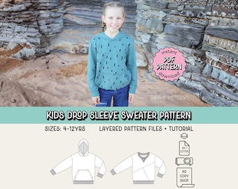 Kinder Pullover mit tiefem Ärmel PDF Schnittmuster ~ Kinder Hoodie ~ Grössen 4-12 Jahre