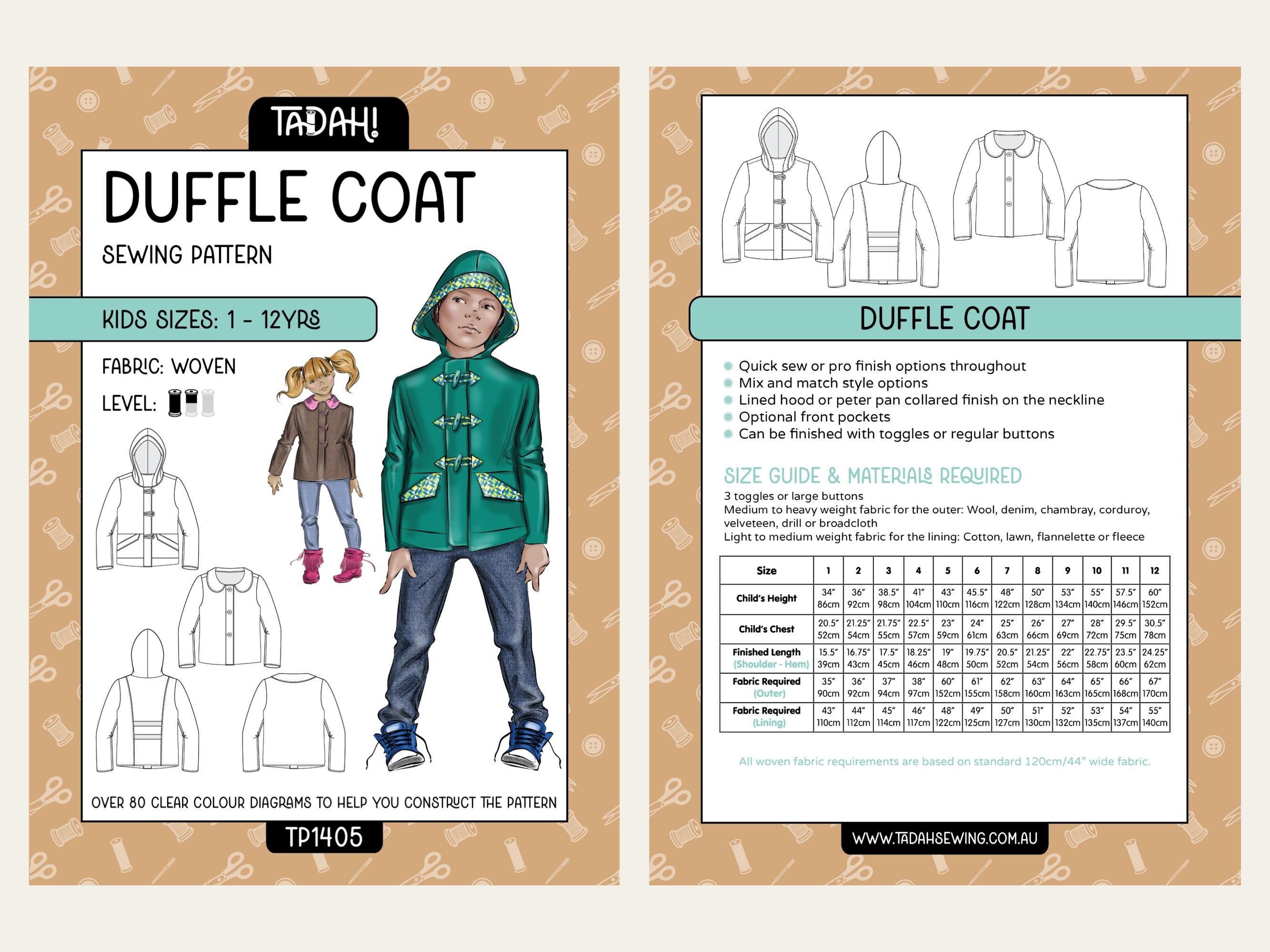 Duffle Coat PDF Sewing Pattern ~ Unisex Boys Girls Jacket Outerwear ...