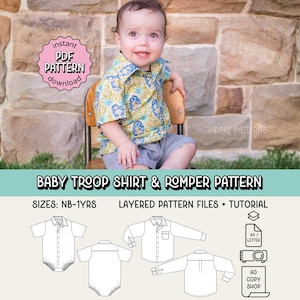 Baby Troop Shirt & Romper PDF Sewing Pattern ~ Toddler Collared Shirt ~ Sizes Newborn-1yr