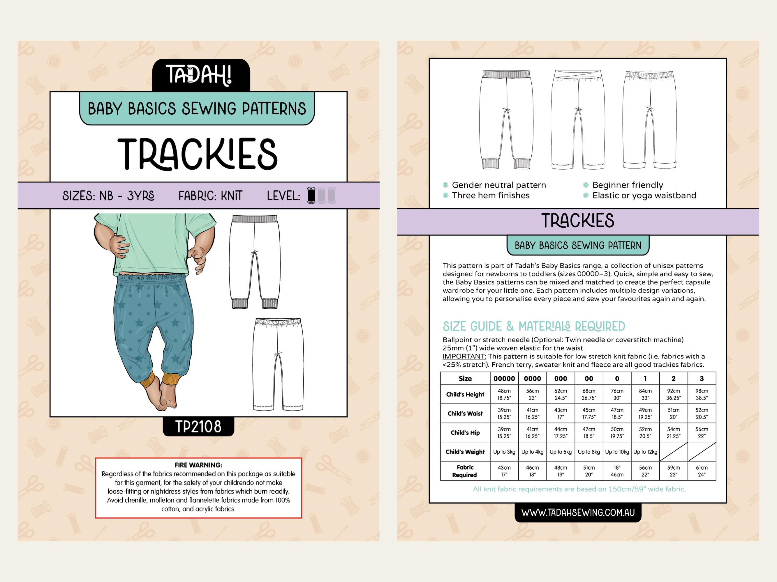 Baby Basics Trackies PDF Sewing Pattern ~ Unisex Boys Girls Joggers ...