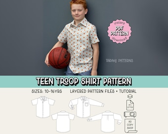 Patrón de costura en PDF para camisa de tropa para adolescentes ~ Camisa con cuello para niños ~ Tallas 10-16 años
