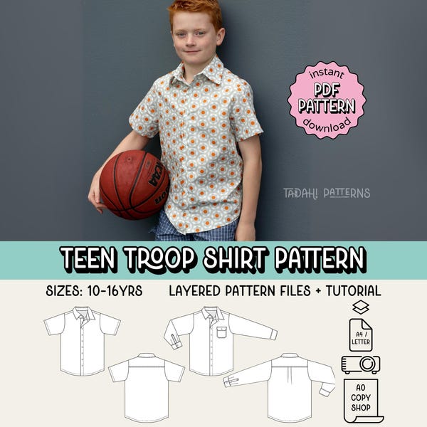 Teen Troop Shirt PDF Sewing Pattern ~ Boys Collared Shirt ~ Sizes 10-16years