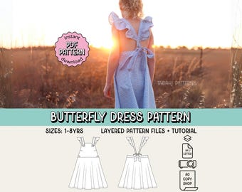 Butterfly Tea Dress PDF Sewing Pattern ~ Girls Summer Dress ~ Sizes 1-8 Years