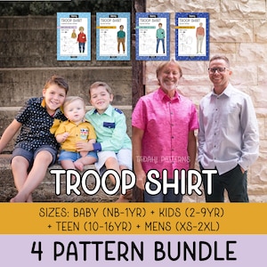 May include: Image features a group of people posing with pattern illustrations for the "TROOP SHIRT". The pattern bundle includes sizes for babies, kids, teens, and men. The text "4 PATTERN BUNDLE" is displayed at the bottom.