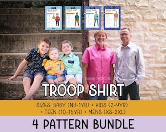 PACOTE COM 4 PADRÕES ~ Padrões de costura em PDF para camisas de tropa (bebês + crianças + adolescentes + homens)