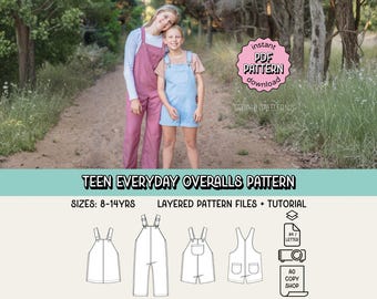 Teen Everyday Overalls PDF Sewing Pattern ~ Unisex Boys Girls Pants ~ Sizes 8-14yrs