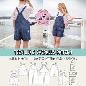 Puede incluir: Imagen de un patrón de peto Teen Luxe. La imagen muestra a dos jóvenes con petos vaqueros. El patrón incluye varios estilos de petos, con tallas para edades de 8 a 14 años. También incluye el texto "instant PDF PATTERN download".