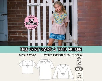 Free Spirit Bluse und Tunika PDF Schnittmuster ~ Mädchen Kaftan Kleid ~ Grössen 1-14 Jahre