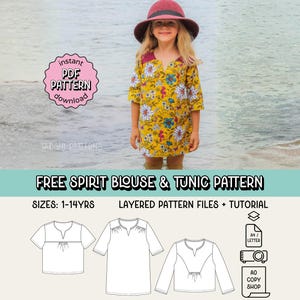 Free Spirit blouse en tuniek pdf-naaipatroon ~ kaftanjurk meisjes ~ maten: 1-14 jaar
