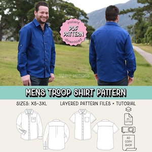 メンズ トループシャツ PDF 縫製パターン ~ 大人用襟付きドレスシャツ ~ サイズ XS-3XL