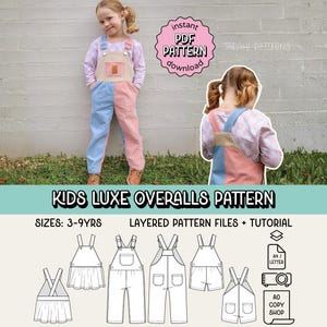 Può includere: Una bambina indossa una salopette bicolore, una gamba azzurra e l'altra rosa. L'immagine presenta un modello di cucito con il testo "KIDS LUXE OVERALLS PATTERN" e "instant PDF PATTERN download".