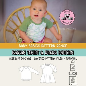 Baby Basics Raglan Tee & Dress PDF Sewing Pattern ~ Unisex Boys Girls Tshirt ~ Sizes NB-3yrs
