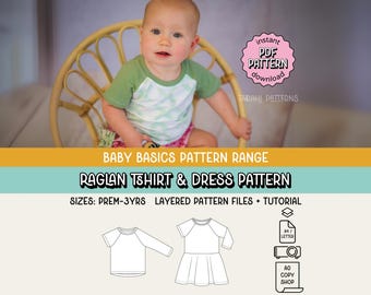 ベビーベーシック ラグランTシャツ＆ドレス PDF 縫製パターン ~ ユニセックス 男の子 女の子 Tシャツ ~ サイズ NB-3歳