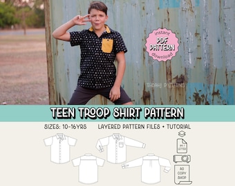 Teen Troop Shirt PDF Sewing Pattern ~ Boys Collared Shirt ~ Sizes 10-16years