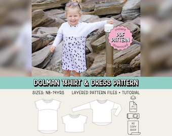 Padrão de costura em PDF para camiseta e vestido Dolman ~ Camiseta infantil unissex ~ Tamanhos NB-14 anos