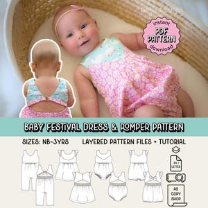 Baby Festival Dress, Jumpsuit & Playsuit PDF Sewing Pattern ~ Girls Summer Dress ~ Sizes Newborn - 3yrs