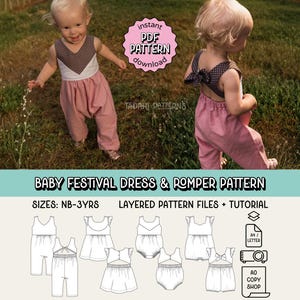 Baby Festival Dress, Jumpsuit & Playsuit PDF Sewing Pattern ~ Girls Summer Dress ~ Sizes Newborn - 3yrs