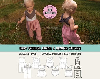 ベビーフェスティバルドレス、ジャンプスーツ、プレイスーツのPDF縫製パターン〜女の子のサマードレス〜新生児から3歳までのサイズ
