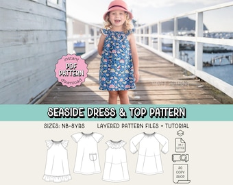 Vestido e blusa à beira-mar - Molde de costura em PDF ~ Vestido para meninas iniciantes ~ Tamanhos de bebê a 8 anos