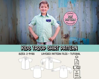 Kids Troop Shirt PDF Sewing Pattern ~ Boys Collared Shirt ~ Sizes 2-9years