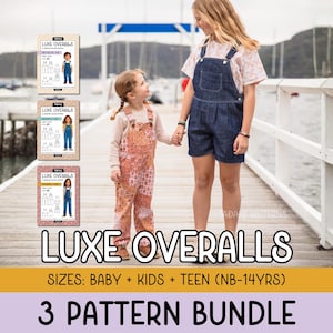 May include: Image of three pattern covers for Luxe Overalls, with illustrations of children wearing overalls. The image also shows two people wearing overalls. The text reads "LUXE OVERALLS" and "3 PATTERN BUNDLE". Sizes: Baby + Kids + Teen (NB-14YRS).