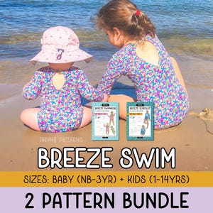 May include: Two children wearing matching floral swimsuits and hats sit on a sandy beach near the water. The swimsuits have a keyhole back design. Two pattern bundles are displayed in front of them. The text "BREEZE SWIM" and "2 PATTERN BUNDLE" are visible.
