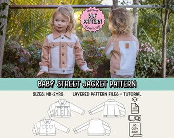 Padrão de costura PDF para jaqueta Baby Street ~ Jaqueta jeans unissex para meninos e meninas ~ Tamanhos NB-2 anos