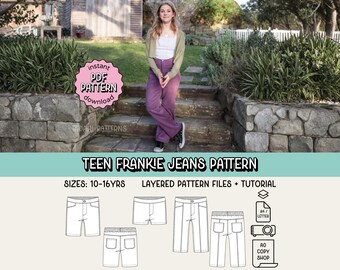 Molde de costura em PDF para jeans e shorts Teen Frankie ~ Calças unissex para meninos e meninas ~ Tamanhos 10 a 16 anos