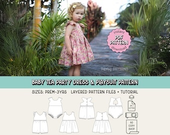 Vestido de festa de chá de bebê com molde em PDF ~ Macacão e macacão para meninas ~ Tamanhos Prematuro - 3 anos