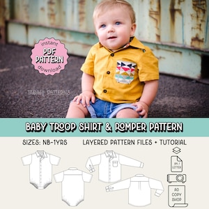 Patrón de costura en PDF para camisa y mameluco de bebé ~ Camisa con cuello para niño pequeño ~ Tallas de recién nacido a 1 año
