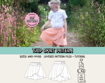 Padrão de costura em PDF para saia tulipa ~ Saia envelope para meninas ~ Tamanhos 6 meses a 14 anos