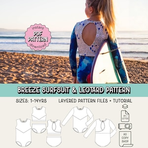 May include: A young person stands on a beach, holding a surfboard. They are wearing a blue and white patterned swimsuit. The image includes the text "BREEZE SURFSUIT & LEOTARD PATTERN" and "instant PDF PATTERN download".