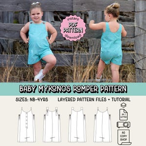 May include: A baby romper pattern with the text "BABY MYKONOS ROMPER PATTERN". The image shows a young child wearing a light blue romper. The pattern includes sizes NB-4YRS and layered pattern files.