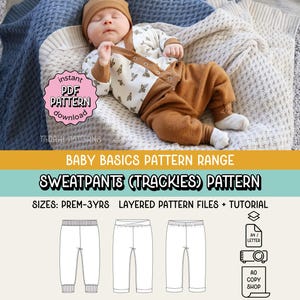 Baby Basics Trackies PDF Sewing Pattern ~ Unisex Boys Girls Joggers ~ Sizes NB-3yrs