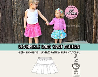 Patrón de costura en PDF para falda reversible Rara ~ Falda sencilla para niñas ~ Tallas 6 meses a 12 años