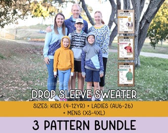 3 PATTERN BUNDLE ~ Drop Sleeve Sweater PDF Sewing Patterns (Kids + Ladies + Mens)