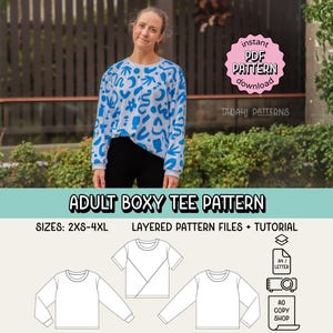 Adults Boxy Tee PDF Sewing Pattern ~ Unisex Mens Womens T-Shirt ~ Sizes XXS-4XL