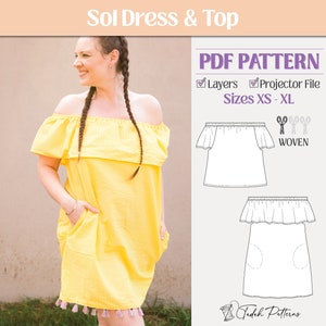 Ladies Sol Dress PDF Sewing Pattern ~ Women&#39;s Off Shoulder Top ~ Sizes XS-XL