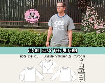 Adults Boxy Tee PDF Sewing Pattern ~ Unisex Mens Womens T-Shirt ~ Sizes XXS-4XL