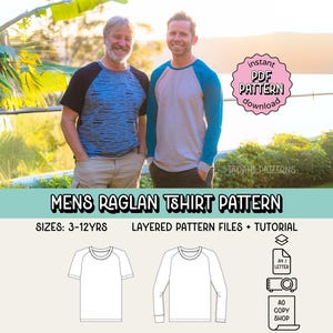 Men's Raglan Tee PDF Sewing Pattern ~ Adult Unisex Tshirt ~ Sizes XS-3XL