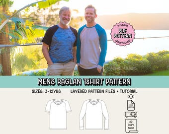 メンズラグランTシャツ PDF縫製パターン ~ 大人用ユニセックスTシャツ ~ サイズ XS-3XL