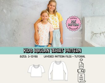 Kids Raglan Tee PDF Sewing Pattern ~ Child Unisex Tshirt ~ Sizes 3-12 years