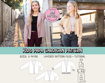 PDF-sömnadsmönster för barn Papa Cardi ~ Unisex pojkar/flickor kofta ~ Storlekar 3-14 år