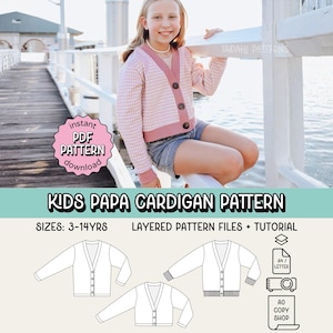 Modello di cucito PDF per cardigan Kids Papa ~ Cardigan unisex per ragazzi e ragazze ~ Taglie 3-14 anni