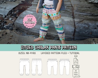 Molde de costura em PDF para calças Littlies Chillax ~ Calças unissex para meninos e meninas ~ Tamanhos NB-4 anos