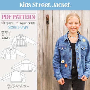 Kinder Street Jacke PDF Schnittmuster ~ Unisex Jungen Mädchen Jeansjacke ~ Grössen 3-8 Jahre
